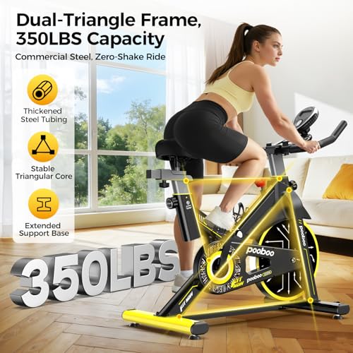 POOBOO Magnetic Exercise Bike, Quiet Stationary Bike with App and 350lbs Weight Capacity, Indoor Cycling Bike with LCD Monitor and Tablet Holder, Heavy Duty Workout Bike for Home Gym Weight Loss Fitness Bike, Adjustable Magnetic Resistance Silent Belt Driver,