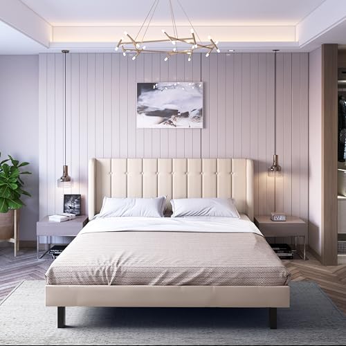 Image of Wooden Modern Upholstered Queen Size Bed for Bedroom | Wooden Double Bed Without Storage | Platform Cot Upholstered Bed with Upholstery Fabric | Engineered Wood | 6.5 x 5 Ft | Beige-A