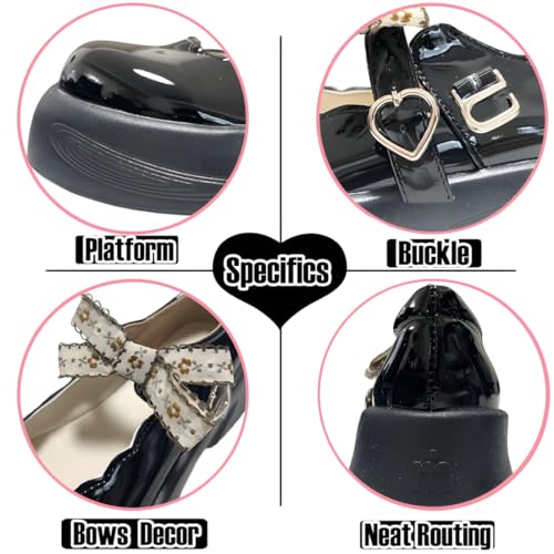 Kawaii Lolita Gothic Y2K Round Toe Platform Heels Floral Bows Trim Heart Buckle Black Mary Jane Platform Shoes2