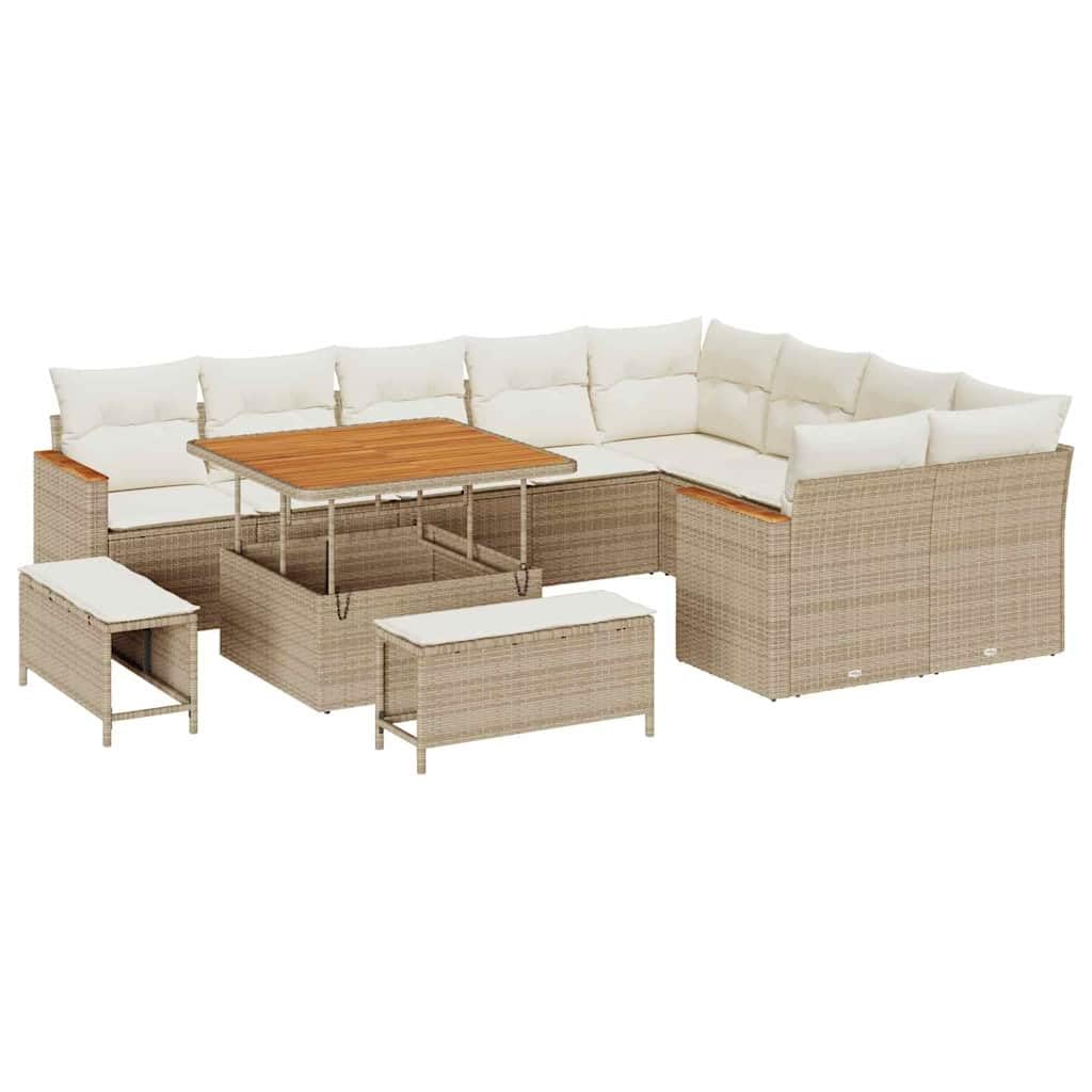 Juego de calcetines modulares para jardín, 12 piezas, ratán de polietileno beige con cojín y espacio de almacenamiento, resistente a la intemperie para terraza y balcón, muebles de patio al