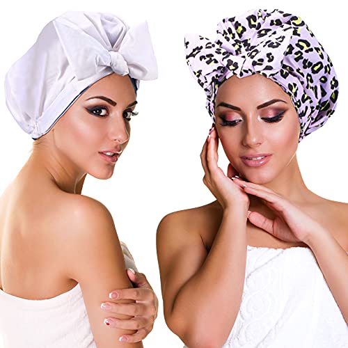 2 Pieces Shower Cap Waterproof Adjustable Bowknot Bathing Caps Reusable Turban Shower Hat for Women Girls Short Long Hair (Pink Leopard Style)