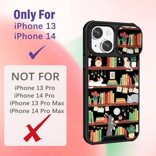Image of Funermei for iPhone 13 /for iPhone 14 Case - Women Girls Cute Phone Cover Girly Pretty Aesthetic Cat and Books Unique Design with Camera Cover Funda for Apple for iPhone 13 /for iPhone 14