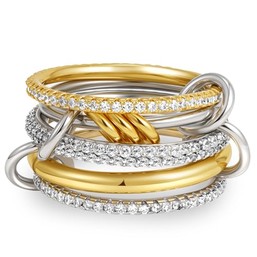 Decholly Gold Stackable Rings for Women, 14K Gold Plated Cubic Zirconia Rings Spinelli Silver Gold Multi Ring Mixed Metals Stackable Ring Set for Women Non Tarnish