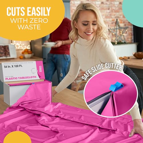 Image of Exquisite Party Solids 54 Inch X 100 Feet Cerise Plastic Table Cover Roll in A Cut - to - Size Box with Convenient Slide Cutter. Cuts Up to 12 Rectangle 8 Feet Plastic Disposable Tablecloths