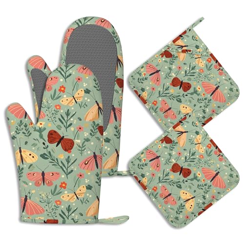 Butterfly Flower Potholders & Oven Mitts Sets Retro Floral Leaves Silicone Heat Resistant Oven Mits and Hot Pads Non-Slip Pot Holders Gloves for Kitchen Chef Cooking Baking Grilling BBQ