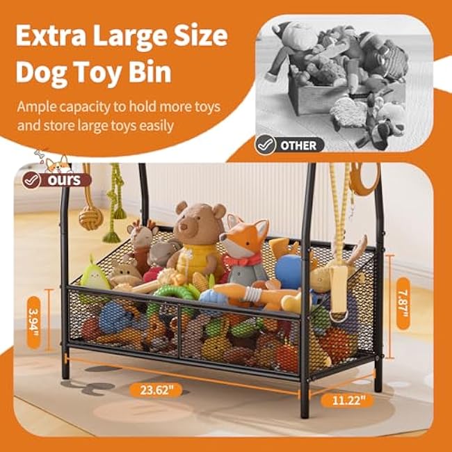 Full Metal Dog Toy Basket, 23.6x11.2x7.9 Large Dogs Toy Bin with Storage Organizer, Chew-Resistant Toy Box for Dog Stuff Accessories, Pet Toy Storage Holder for Cat Dogs Essential Supplies