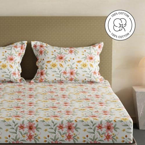 Image of Layers 100% Cotton Fitted Sheet for King Size Bed | Lumina Floret Collection | 144 TC Soft & Breathable | Floral Print with 2 Pillow Covers | Wrinkle Free & Colorfast | 3 Pc Bedding Set - Multicolor