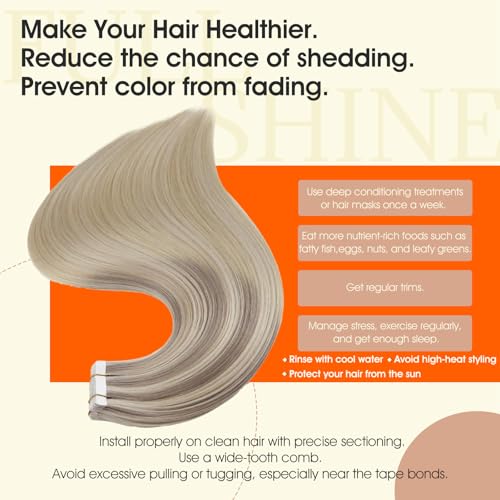 Image of Full Shine Tape in Hair Extensions Human Hair 12Inch Color 18 Ash Blonde Ombre 22 And 60 Platinum Blonde Human Hair Tape in Extensions Invisible Remy Silky Straight Skin Weft 30G 20Pcs Double Sided