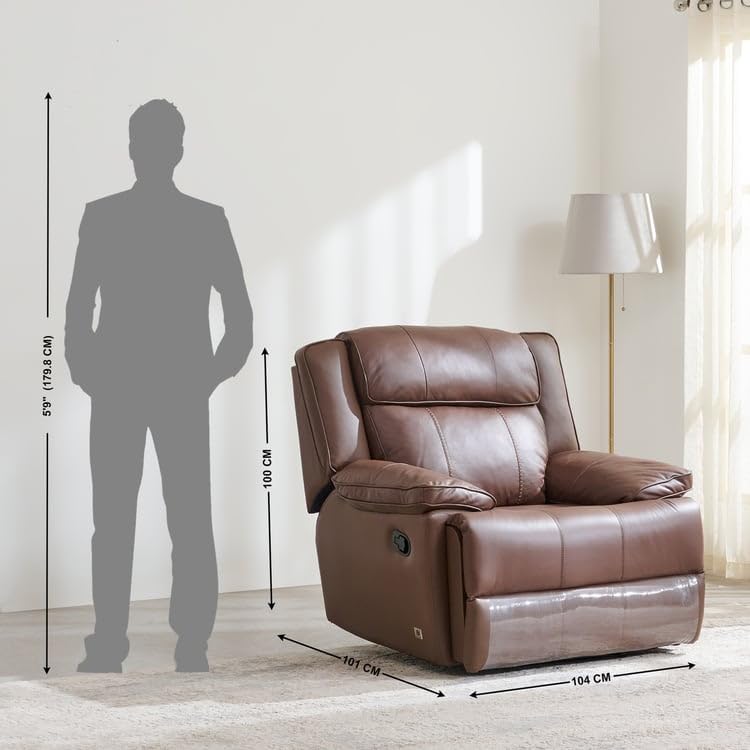 Image of Home Centre | Torino Half Leather 1-Seater Recliner | Recliner Sofa for Living Room | Solid Wood | Brown | 2 Year Warranty