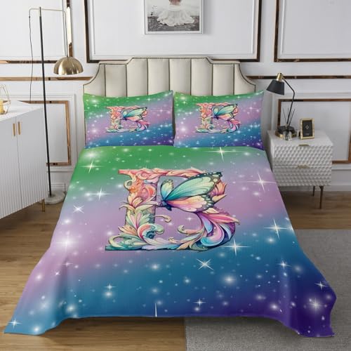 Initial Letter B Quilts Set for Kids Boys,Dreamy Butterfly Floral 3Pcs Bedspread Bedding Set,Gradient Starry Sky Bed Cover Set,Green Purple Blue Bedspread Coverlet with 2 Pillowshams (King Size)