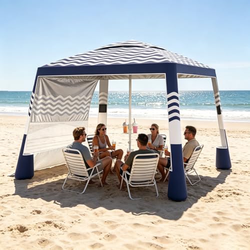 Hqeeun Beach Cabana 8X 8 Beach Canopy Tent Sun Shade UPF 50+ Protection Silver-Coated Beach Tent Sun Shelter with Sandbags & Side Wall for Family Portable Beach Shade Easy Setup Navy Stripes