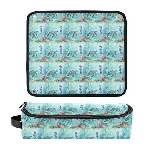 Organizador de herramientas para cabello 2 en 1 y tapete resistente al calor con cierre impermeable. Bolsa de viaje plana para plancha y accesorios de cuidado del cabello, diseño Tortuga y Caballito de mar miniatura 3
