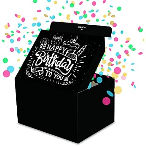 FETTIPOP Gift Box DIY (Black Premium), Gift Wrap Box Confetti Exploding - Happy Birthday, Surprise Prank Box Pop Up 7.2x5.5x4.3 in. Cover