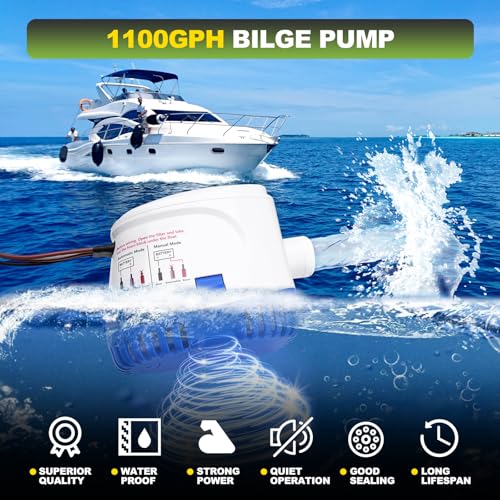1100 GPH Automatic Boat Bilge Water Pump 12V with 3 Way Switch Panel & 1-1/8 Inch Dia Bilge Pump Plumbing Kit Ideal for Fishing Boats, Cruisers, Runabouts, Yachts