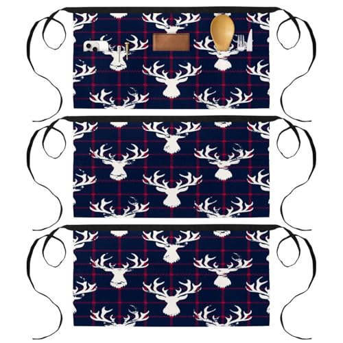 Demi-tablier de cuisine à 3 poches lot de 3 avec motif tête de cerf