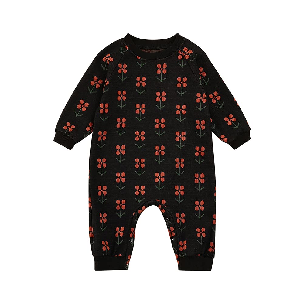 Baby Boy Girl Knit Sweater Crewneck Pullover Sweatshirt Romper Jumpsuit 90's Vintage Cute Baby Clothes Outfit (3-6 Months,Black Flower)