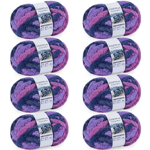 Cozyful Chunky Yarn for Hand Knitting - 10 Chunky Chenille Blanket Yarn, Jumbo Big Thick Chunky Yarns for Crocheting, Tie Dye Bulky Knit Yarns, 8 Skein (25 yds 8 oz Each Skein), Multi Purple