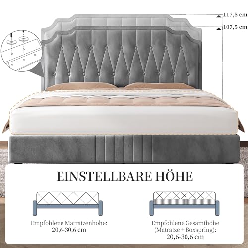 Yaheetech Polsterbett Doppelbett 140 × 200 cm Stoffbett Bettgestell Gepolstertes Bett mit höhenverstellbarem Kopfteil Bettrahmen mit Lattenrost, Hellgrau