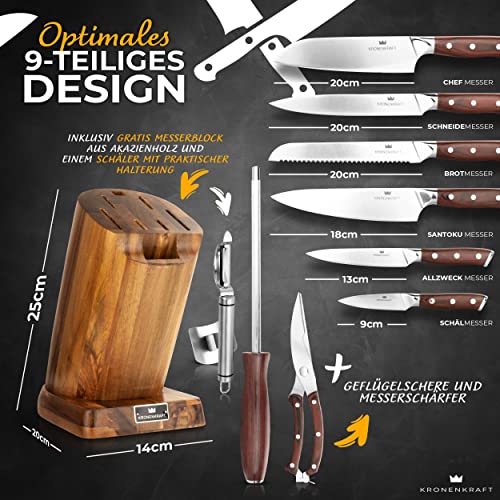 Foto von KRONENKRAFT® Messerset 9-teilig mit Messerblock 6 Messer plus Geflügelschere & Wetzstahl scharfes Küchenmesser Set mit Pakkaholzgriff Santokumesser Kochmesser Chefmesser Brotmesser