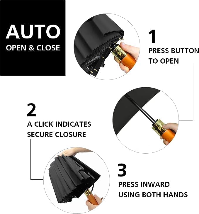 PIKFOS Travel Folding Portable Umbrella 46 Inch Windproof/Wind Resistant,Automatic Open Close,12 Ribs,99 UV Protection UPF 50,Sun/Rain,Real Wood Ergonomic Handle, Black 1
