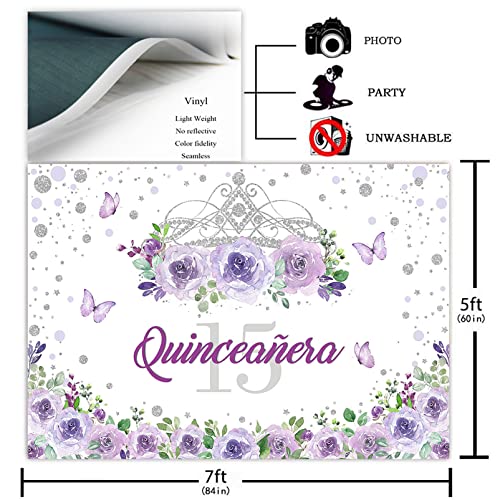 Avezano Quinceañera 15 Birthday Backdrop Purple Floral Butterflies 15th Birthday Party Decorations Violet Silver Crown Photography Background for Girls (7x5ft)