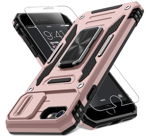 DEERLAMN Case for iPhone SE 2022/2020,for iPhone 8/7 with Slide Camera Cover + Screen Protector,Rotated Ring Kickstand Military Grade Shockproof Protective Cover 4.7 Inch-Rose Gold