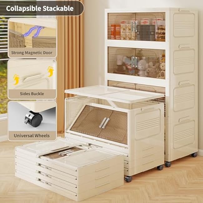 KHNR 550Qt Stackable Storage Bins with Lid, 5Packs Closet Organizer and Storaging Drawer, Collapsible Storage Box with Wheels, Plastic Clothes Storage Cabinet Containers for Home, Office