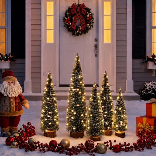 Sintuff 5 Pcs Christmas Tree with Light for Front Porch Outdoor Wood Base