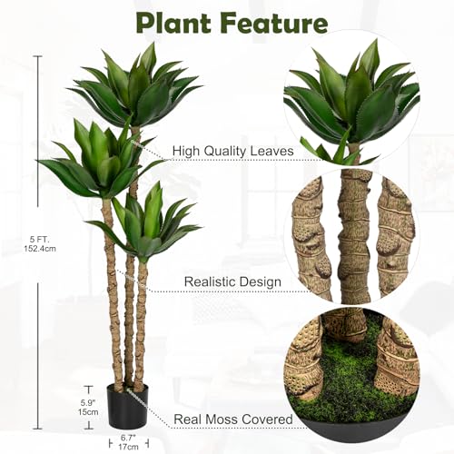 5Ft Agave Artificial Tree Large Fake Plants Realistic Faux Agave Plant Tropical Fake Floor Plant Artificial in Pot Tall Faux Plants Indoor Outdoor for Home Living Room Bedroom Yard Office Store Decor by GnFlus - Image 2