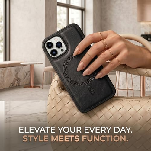 Image of amazon basics Premium PU Leather Case for iPhone 15 Pro Max, MagSafe Compatible Magnetic Ring, Sleek Protective Back Cover - [Black]