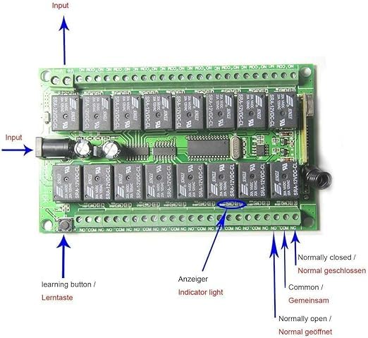 16-kanäle Funkschalter Set mit Sender 12V multifunktionales Empfangsmodul 24V Relais Set mit industrielle Fernbedienung 200m Reichweite universal Empfänger NO COM NC Tü (12v)