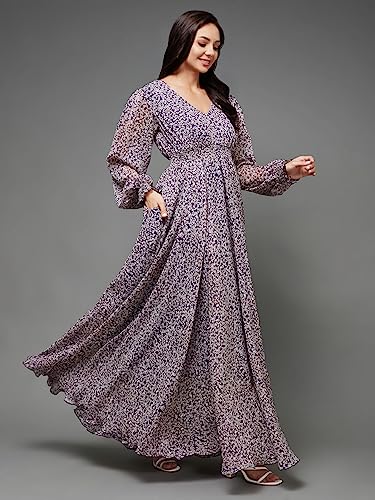 Image of Miss Chase Women Pleated V Neck Full Sleeves Relaxed Fit Midi Length Dress