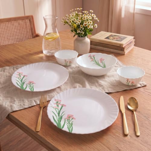 La Opala Novo Opalware Dinner Set, 10 Pcs for Family of 2, Pink Florets | Microwave & Dishwasher Safe, Bone-Ash Free, Plates & Bowls for Dining & Gift