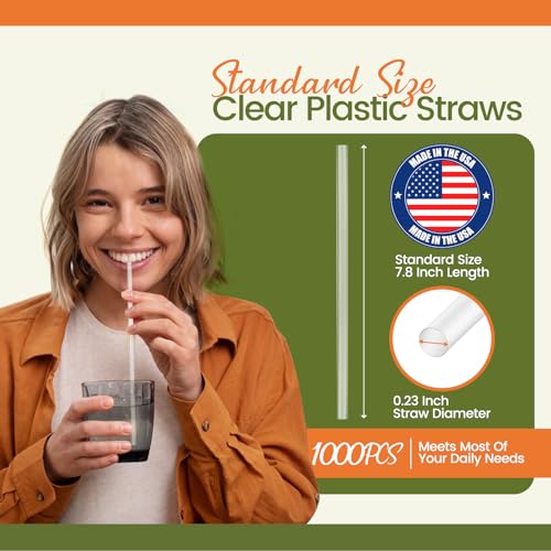 Image of Plastic Straws 1000PCS Individually Wrapped Clear Disposable Drinking Straw | 7.8 inch Long Made in USA - Straight Long Straw for Party, 0.23'' Diameter (2 boxes of 500)
