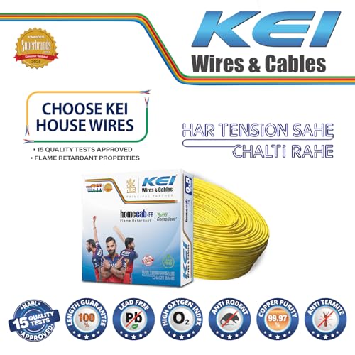 Image of KEI WIRES & CABLES Homecab 0.5 sqmm 1 Core Copper Flame Retardant House Wire PVC Insulated Cable for Domestic & Industrial Electrical Wiring (Yellow, 90 Meters)