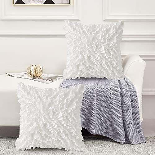 Leeden 18x18 Pillow Covers, Cushion Throw Pillow Cover Pillowcase Set of 2, Farmhouse Decorative Cushion case, 3D Design Handmade Pillowcase with Ruffles, White