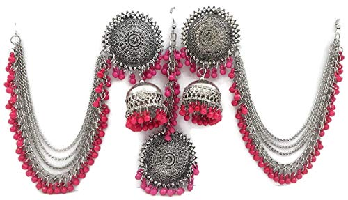 Image of Total Fashion Women's Pink Metal Oxidized Silver Maang Tikka with Earrings Jewellery Set