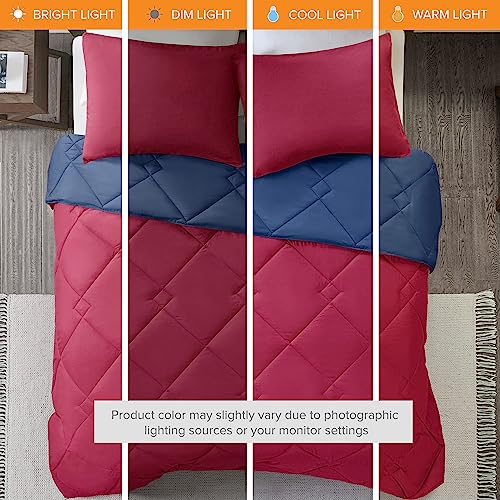 Image of Comfort Spaces Vixie Reversible Comforter Set - Trendy Casual Geometric Quilted Cover, All Season Down Alternative Cozy Bedding, Matching Sham, Red /Navy, Full /Queen 3 piece