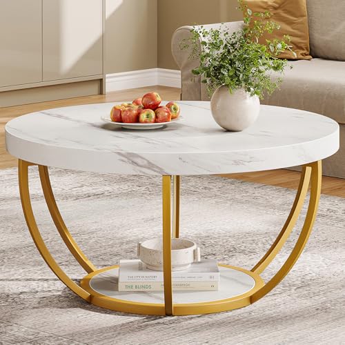 Tribesigns Modern Round Coffee Table, 2 Tier Coffee Table with Faux White Marble and Golden Metal Legs, Circle Center Table Tea Table Accent Furniture for Living Room, White and Gold