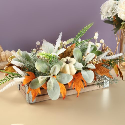 Image of Thanksgiving Potted, Eucalyptus Berries Pumpkins Lamb Ears Leaves Autumn Pots for Centerpiece Table Decor, Fall Decor, Home Coffee Table Dining Room Office Kitchen (D)