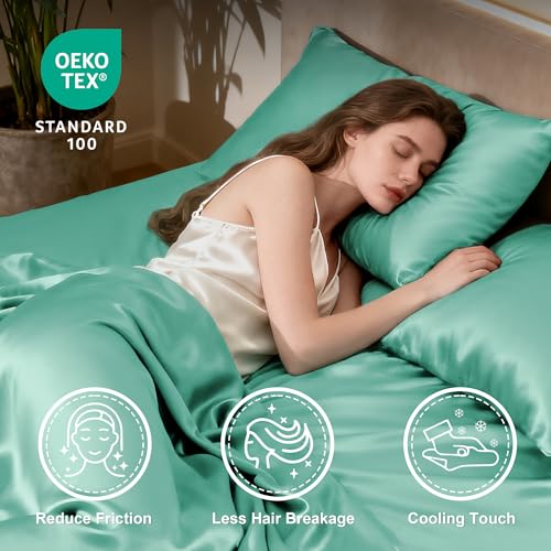 Image of Love's cabin Twin Satin Sheets Sets - 3 Piece Aqua Silky ed Sheets with Deep Pockets, Luxury Silk Feel Satin Twin Size Sheet Set Bedding Set (1 Flat Sheet,1 Fitted Sheet,1 Pillow case)