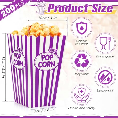 Image of Xinnun 200 Pcs Popcorn Boxes 32 oz Classic Stripe Paper Popcorn Buckets Bulk Disposable Oil Proof Container Vintage Retro Open Top Holders for Movie Night Supply Theater Carnival Party(Purple)