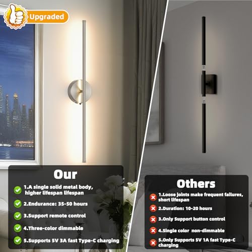 Image of Battery Operated wall Sconce Set of 2, Brushed Nickel 27.5 inch LED USB Rechargeable dimmable wall Sconce with Remote Control, Rotate 350 for Living Room, Bedroom, Hallway and scones Lighting