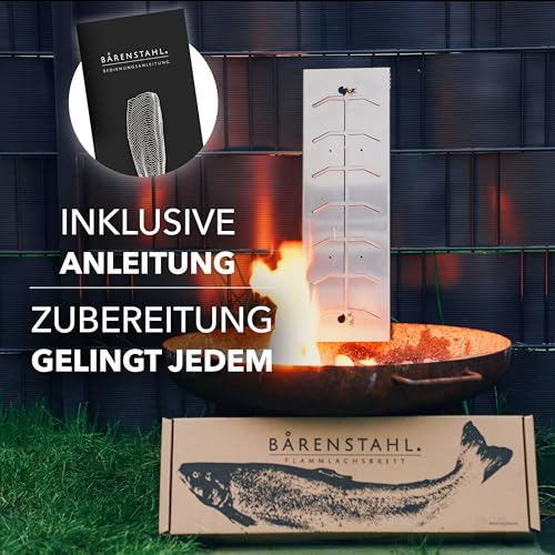 Bärenstahl Flammlachsbrett – Flammlachsbretter mit Halterung – Feuerfest aus Edelstahl geeignet für Feuerschalen und Kugelgrill – Made in Germany