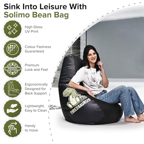 Image of Amazon Brand - Solimo 4XL Premium Faux Leather Bean Bag, Filled with Beans | Capacity: Upto 6 Ft 5 in Height, 125 KG Weight | Bean Bag with Beans Filled for Home, Living Room | Tired Saurus Print
