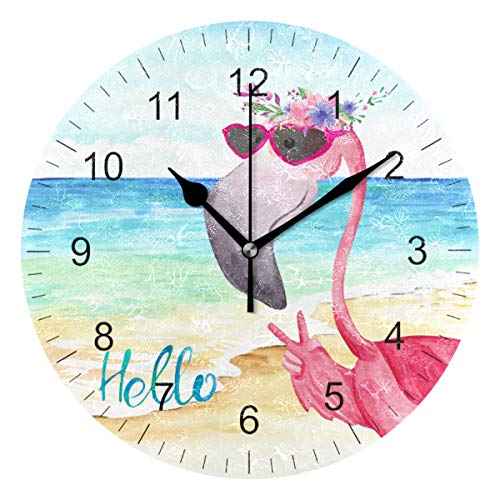 Wamika Wall Clock Pink Flamingo Beach Sea Summer Flowers Silent Non Ticking Round Clocks, Flamingos Birds Ocean Floral Clocks 10 Inch Battery Operated Quartz Quiet Desk Clock for Home Office