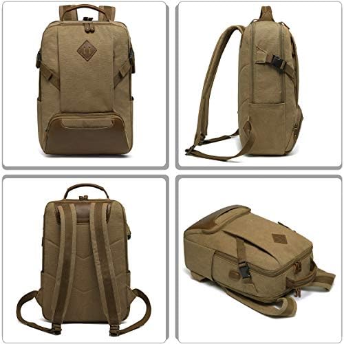 Kasgo School Backpack, Water-resistant Anti-theft Canvas Vintage 15.6 inch Laptop Backpack with USB Charging Port Unisex Rucksack Casual Daypack for Travel, College, Teenager Khaki