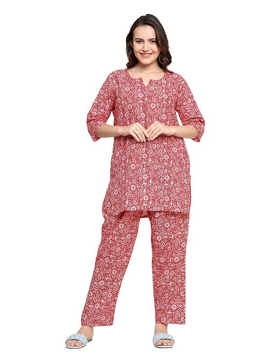 Image of Vlazom Women's Cotton Night Suit Set - Printed Co-Ord 2-Piece Pajama Set | Soft Sleepwear & Loungewear for Women (Red, S)