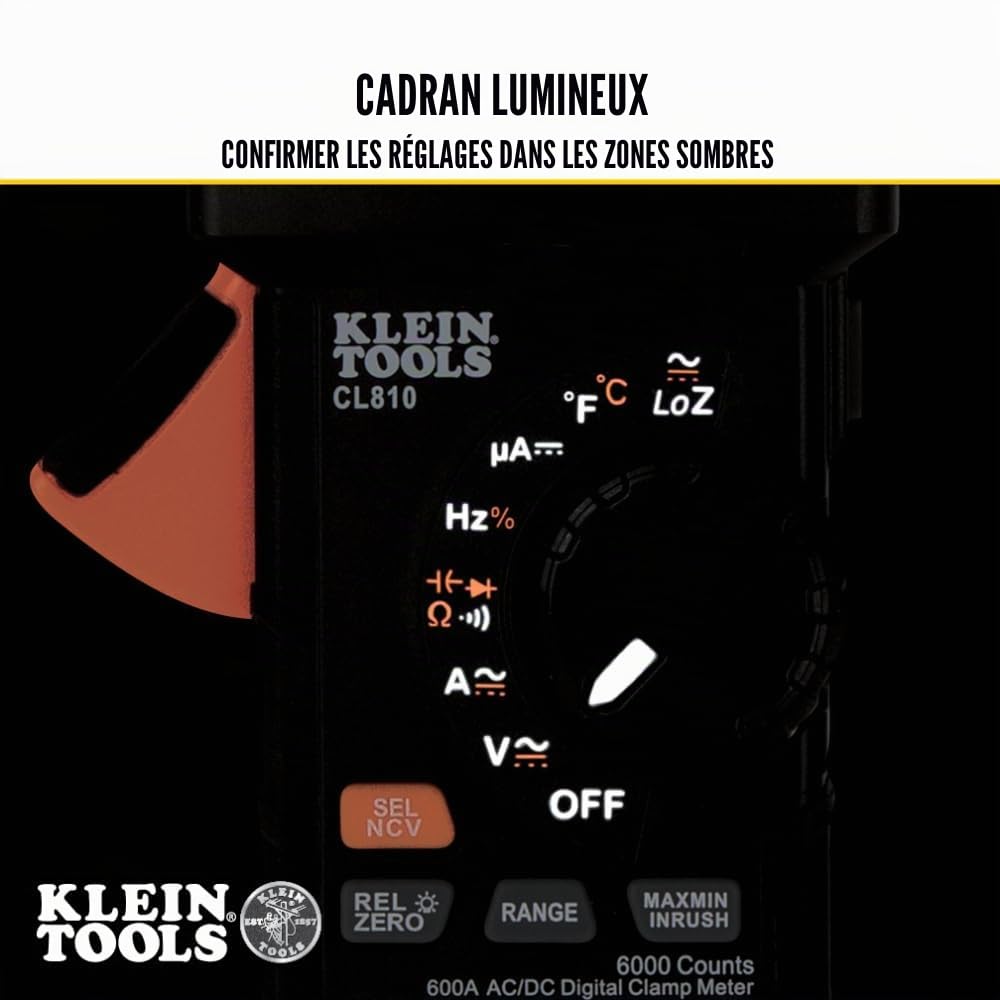 Klein Tools CL810 Pince ampèremétrique numérique 600A AC/DC | Multimètre à pince TRMS Auto-plage | Tension Résistance Fréquence Capacitance Température Inrush | NCV LoZ | Lampe de travail CAT III