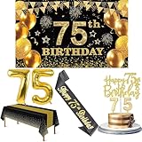 75th Birthday Decorations Men Women with 75th Birthday Banner, Black and Gold Table Cloth, Number Balloons, Large Sash, Cake Topper and Candles